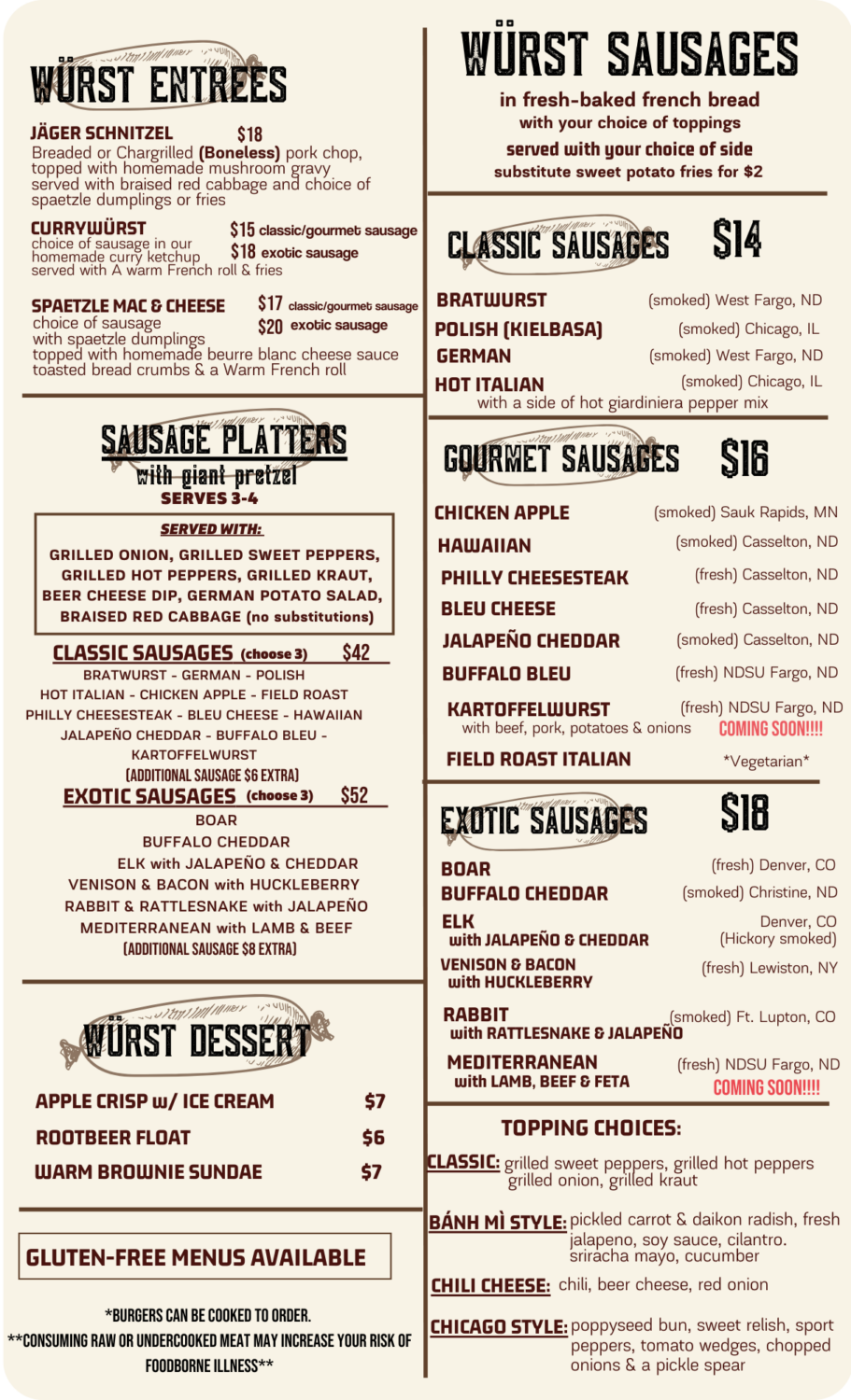 Food Menu West Fargo Würst Bier Hall